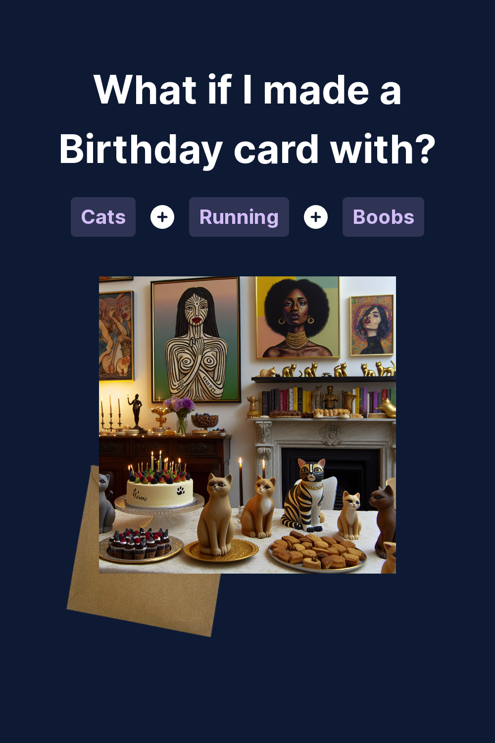 2) Birthday AI Generated Card - Cats, Running , Boobs, Vegan food,  Feminism, Black people, Drama, and Music (cdd3c), image size:1000x1500