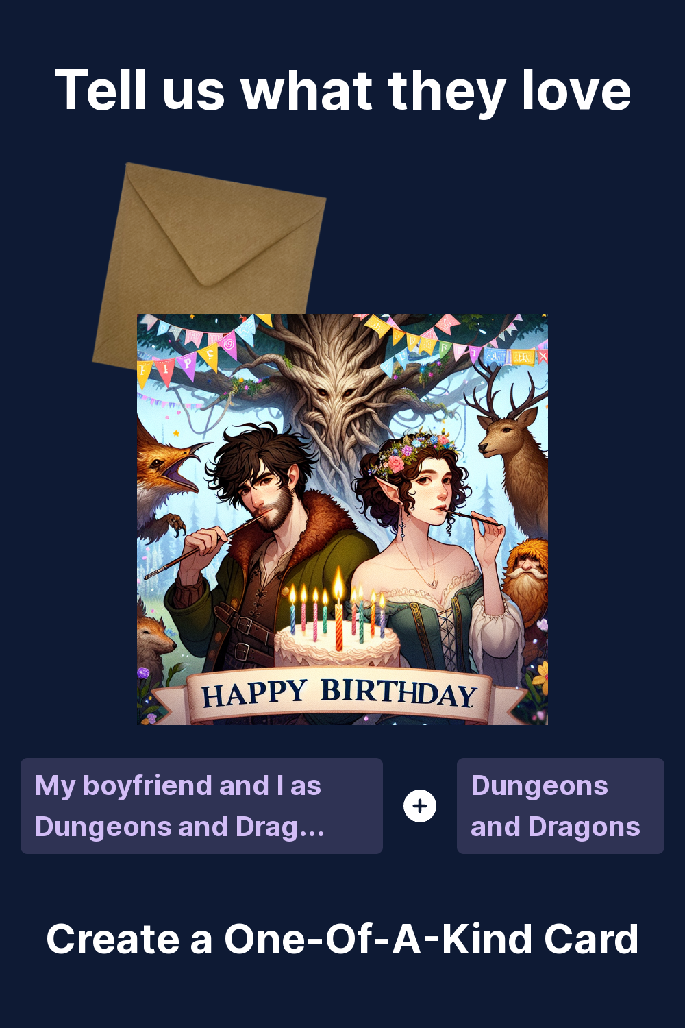 4) Birthday AI Generated Card - My boyfriend and I as Dungeons and Dragons  characters. He has go dark brown hair and thin moustache and beard and I  have long dark brown