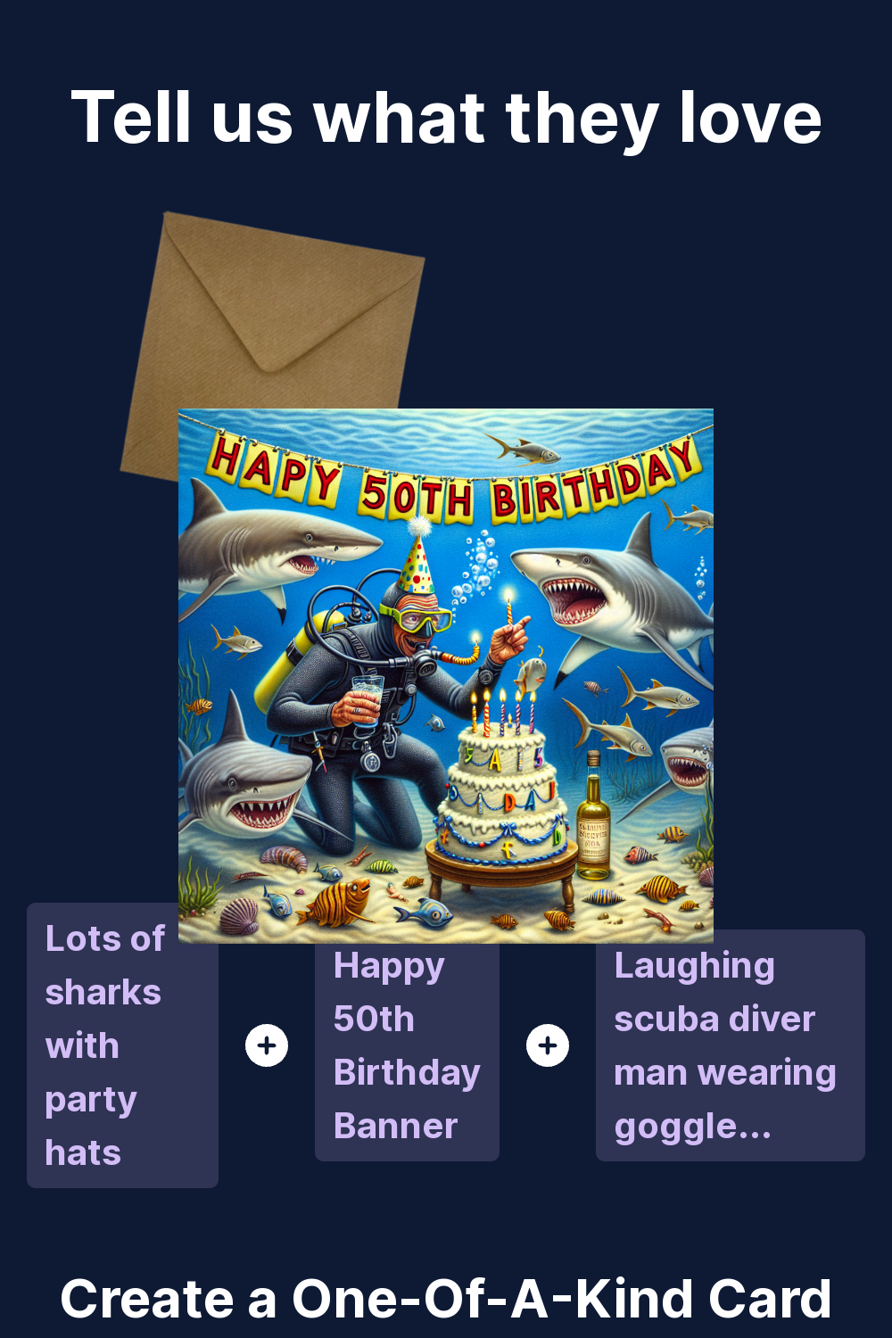 2) Birthday AI Generated Card - Lots of sharks with party hats, Happy 50th  Birthday Banner, Laughing scuba diver man wearing goggles and party hat ,  Birthday cake with 4 candles that, image size:1000x1500