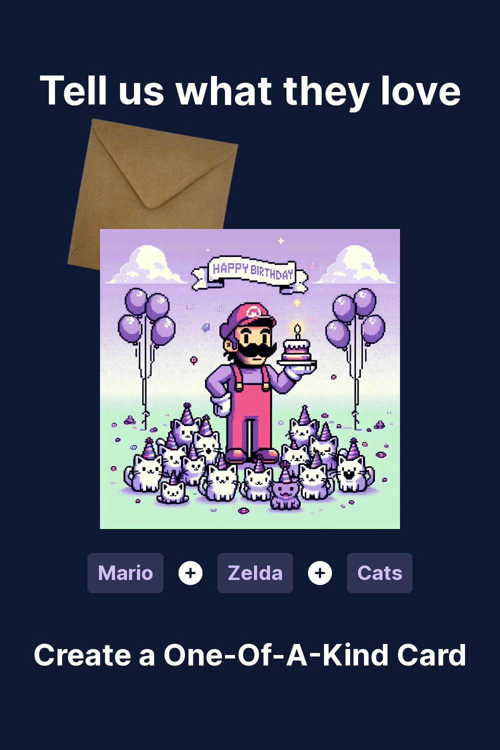 2) Birthday AI Generated Card - Mario, Zelda , Cats, Purple, and Black  (02545), image size:1000x1500