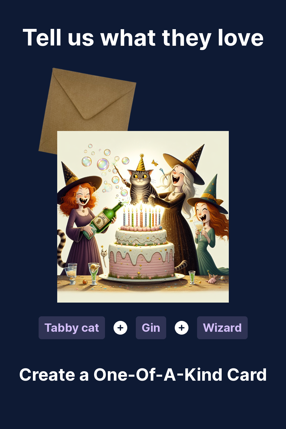 1) Birthday AI Generated Card - Tabby cat, Gin, Wizard, Ginger witch,  Blonde witch, Brunette witch, and Cake (15f00), image size:1000x1500
