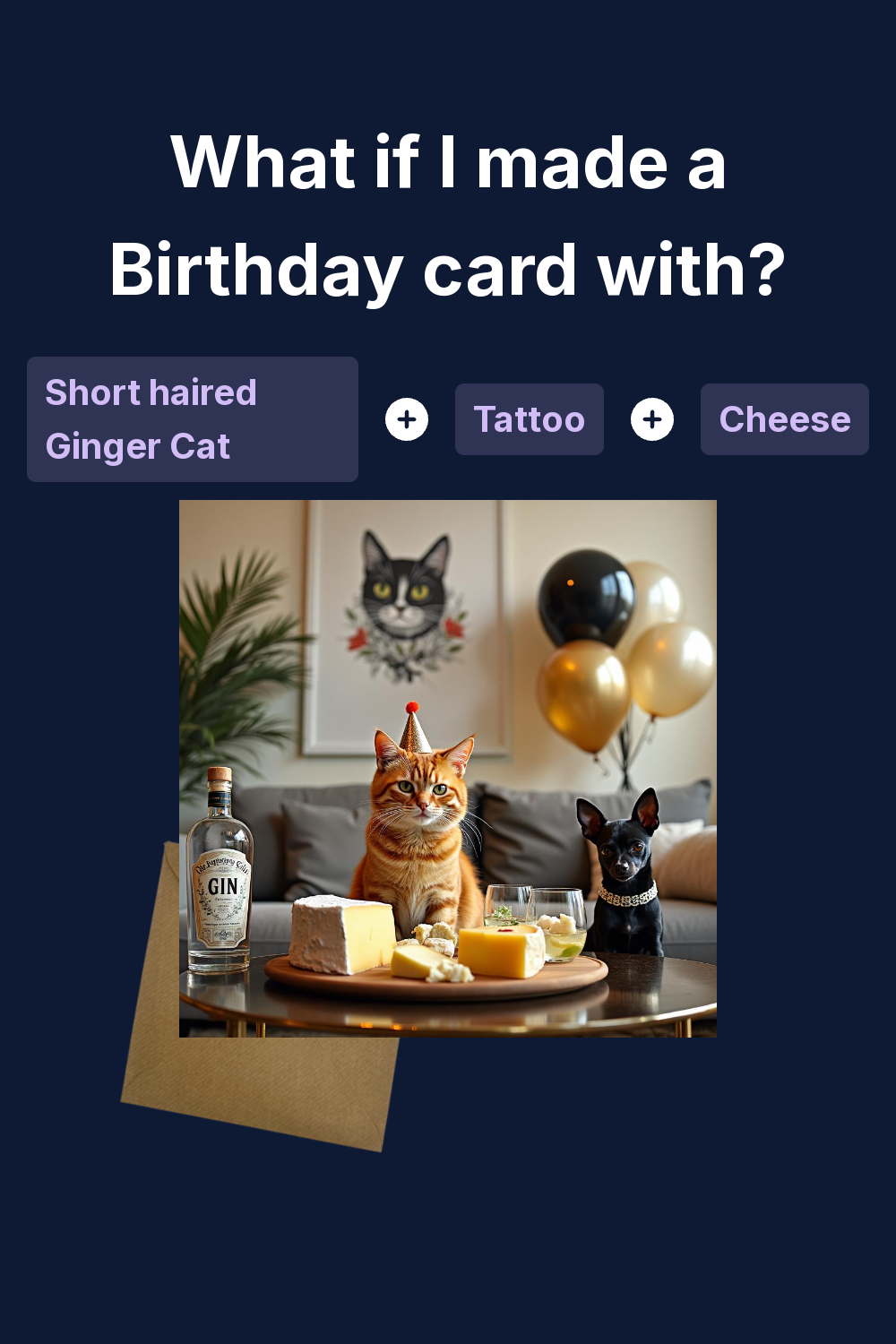 1) Birthday AI Generated Card - Short haired Ginger Cat, Tattoo, Cheese ,  Gin, Black cat , and Chihuahua (edcf2), image size:1000x1500